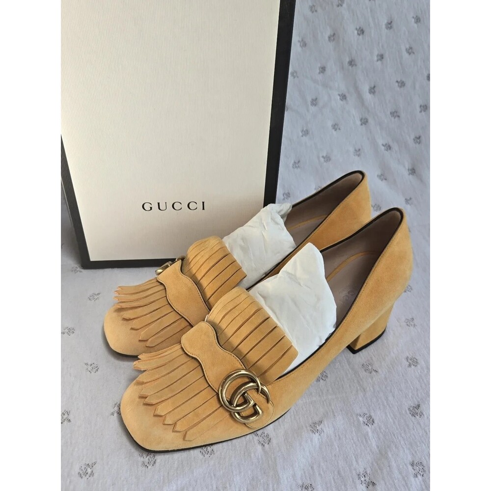 NIB Gucci Marmot Fringe Yellow/Gold Heels with Gold Double G Size 40